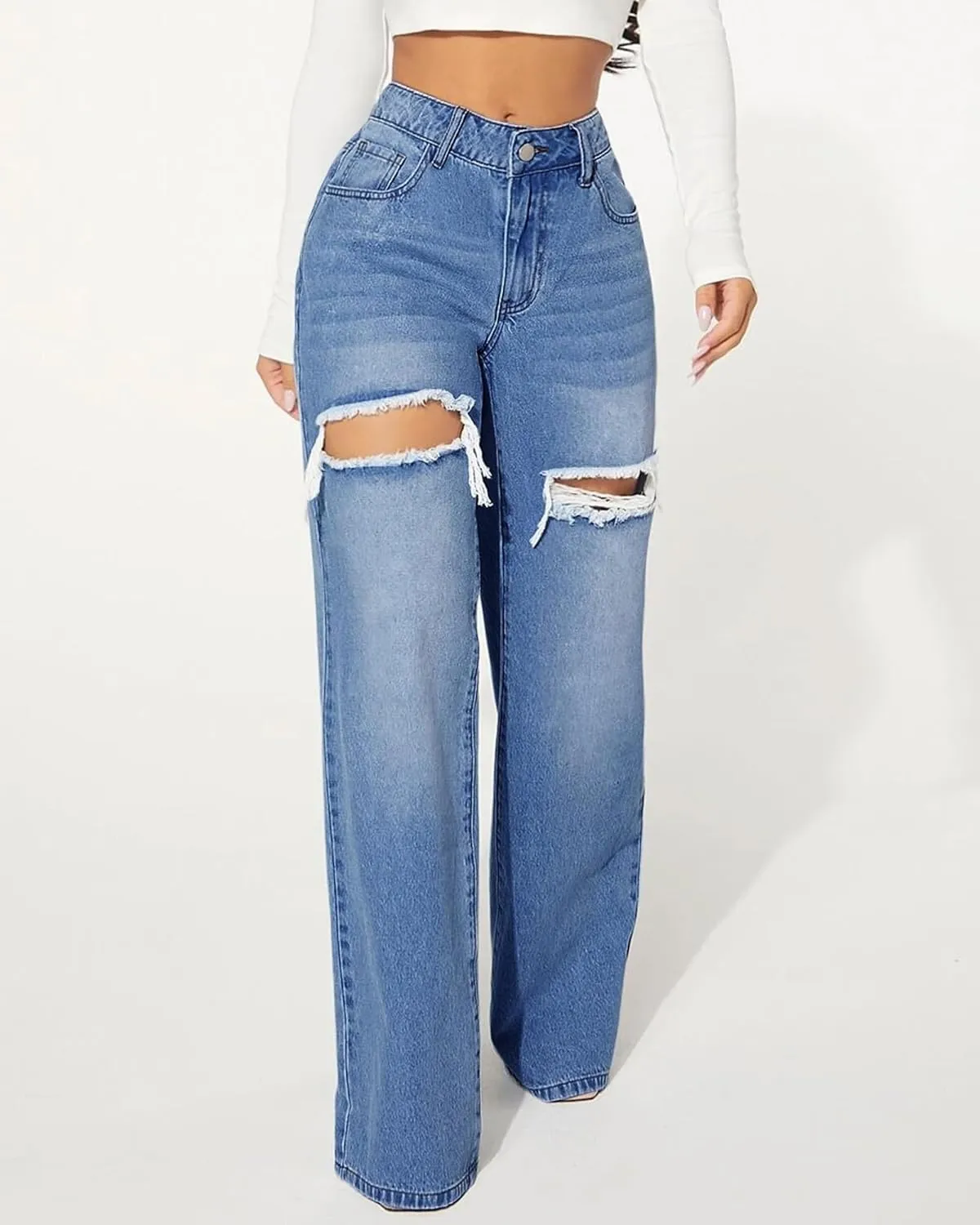 Womens Distressed Straight Leg Jeans High Waisted Wide Leg Baggy Jeans Boyfriend Casual Denim Pants.