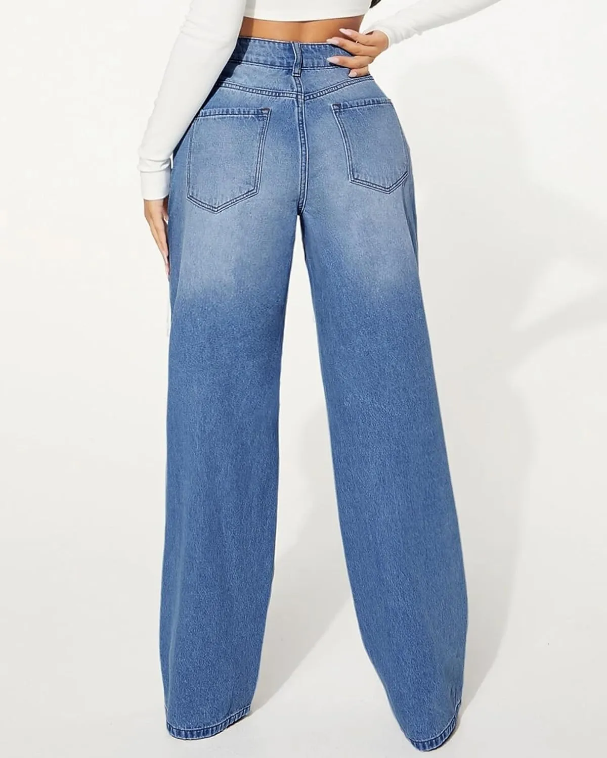 Womens Distressed Straight Leg Jeans High Waisted Wide Leg Baggy Jeans Boyfriend Casual Denim Pants.