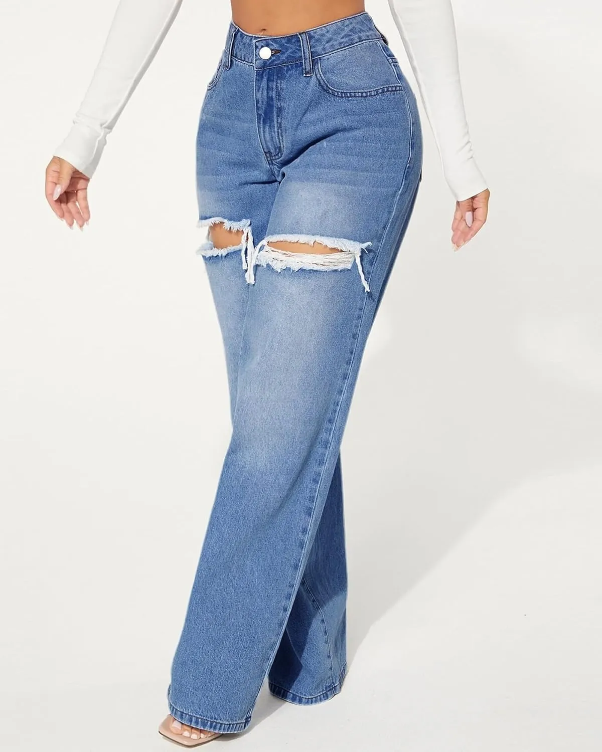 Womens Distressed Straight Leg Jeans High Waisted Wide Leg Baggy Jeans Boyfriend Casual Denim Pants.