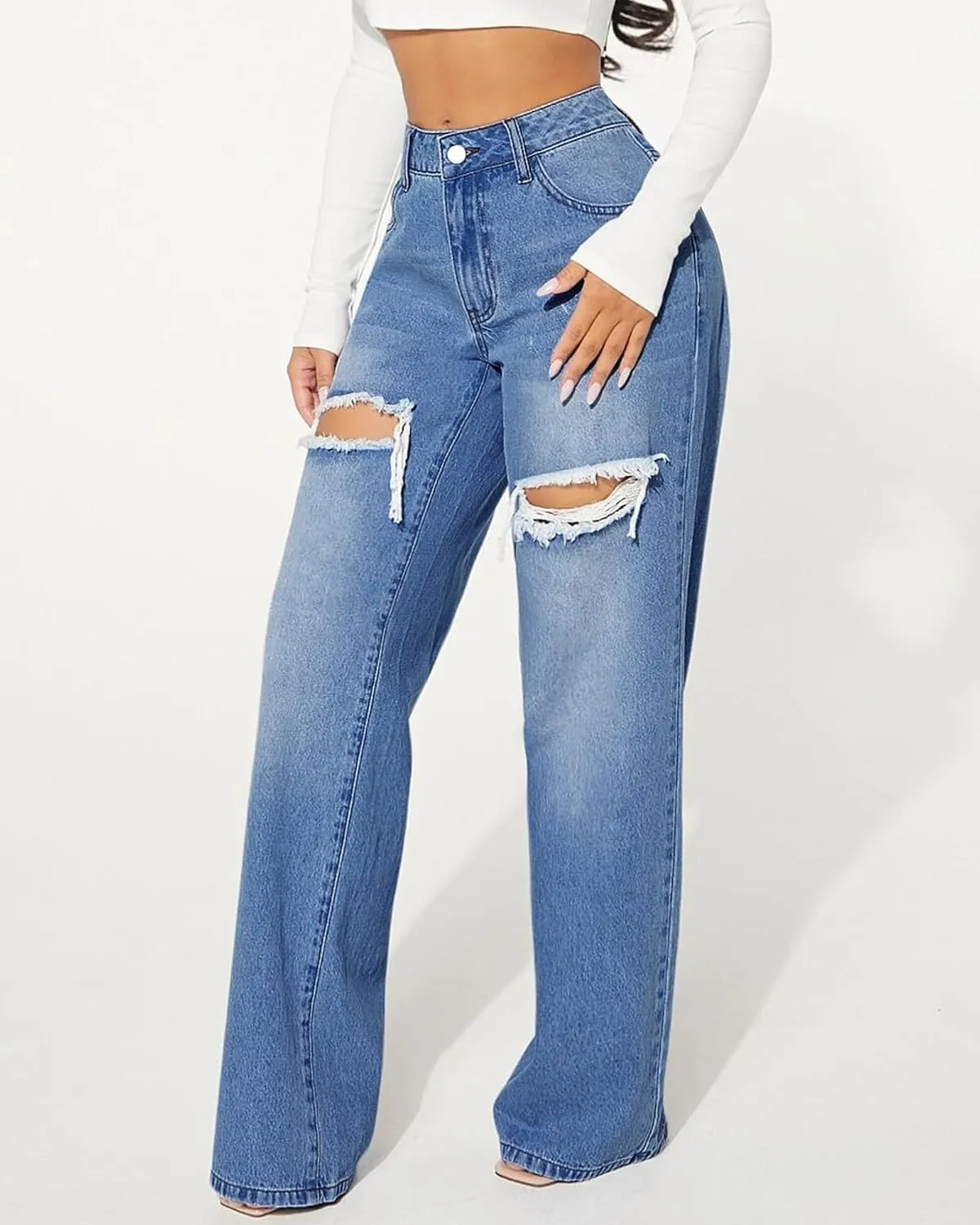 Womens Distressed Straight Leg Jeans High Waisted Wide Leg Baggy Jeans Boyfriend Casual Denim Pants.