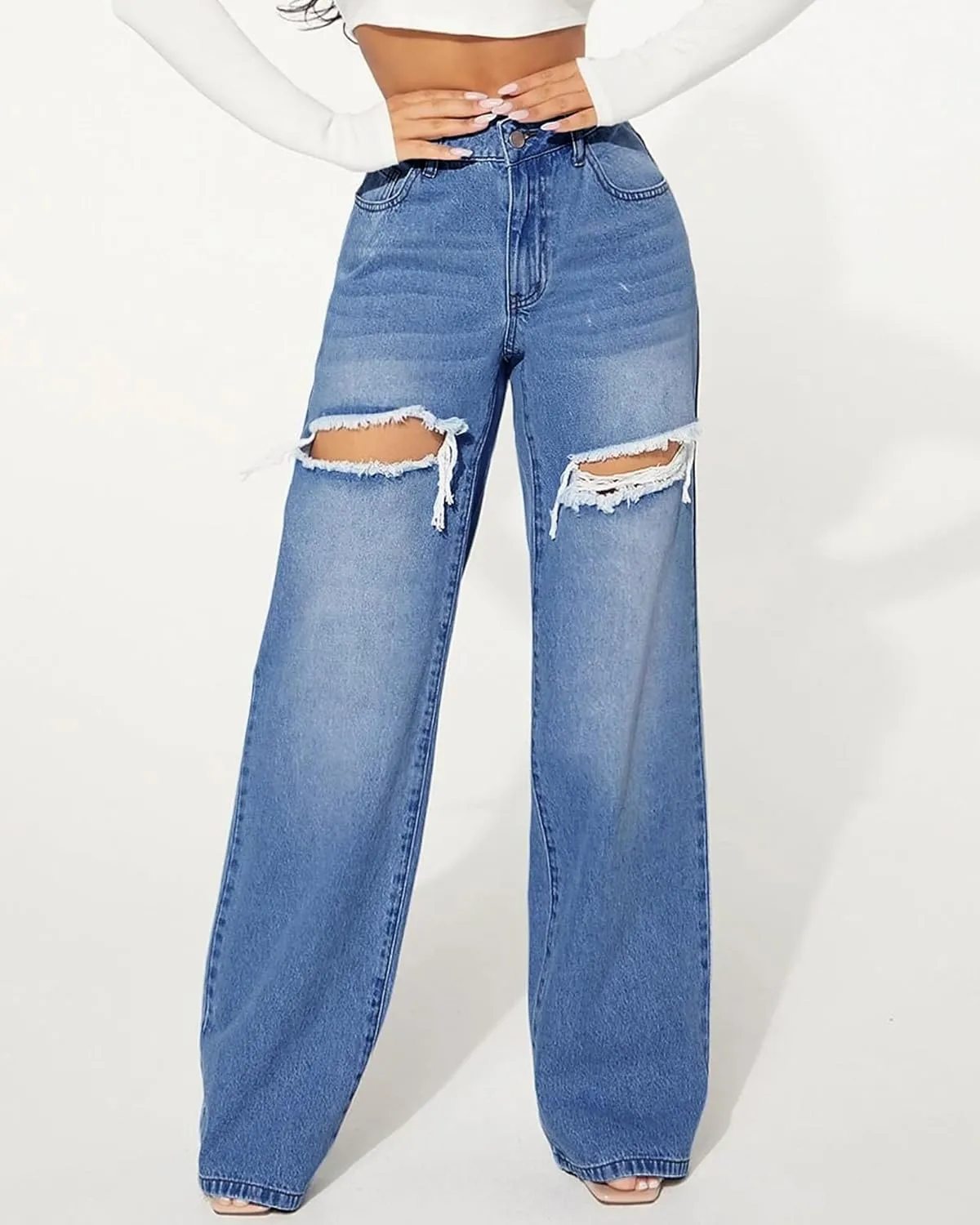 Womens Distressed Straight Leg Jeans High Waisted Wide Leg Baggy Jeans Boyfriend Casual Denim Pants.