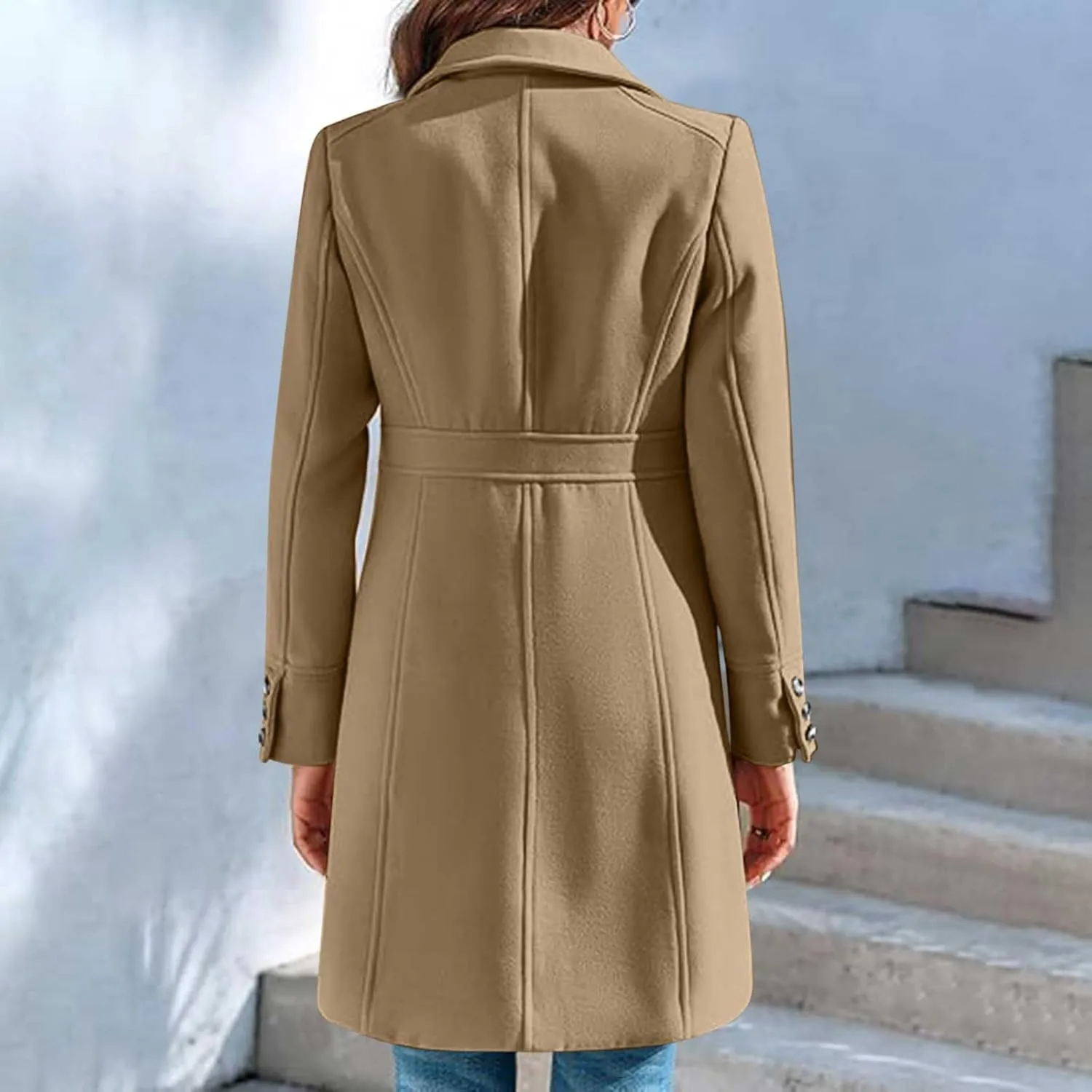 Women's Elegant Wool Blend Coat Lapel Single Breasted Long Sleeve Mid Winter Overcoat Work Office Pea Coats