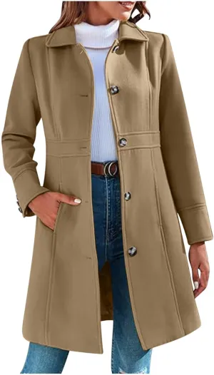Women's Elegant Wool Blend Coat Lapel Single Breasted Long Sleeve Mid Winter Overcoat Work Office Pea Coats