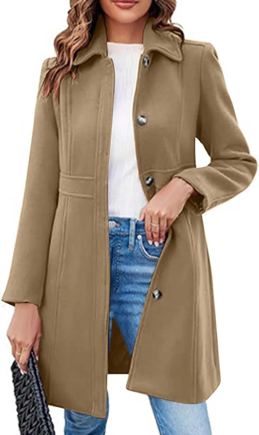 Women's Elegant Wool Blend Coat Lapel Single Breasted Long Sleeve Mid Winter Overcoat Work Office Pea Coats