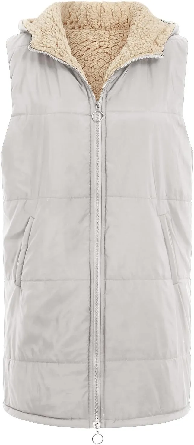 Womens Fall Reversible Puffer Vests Sleeveless Fleece Jacket Zip Up Hoodie Pockets Long Warm 2024 Winter Coat Outerwear