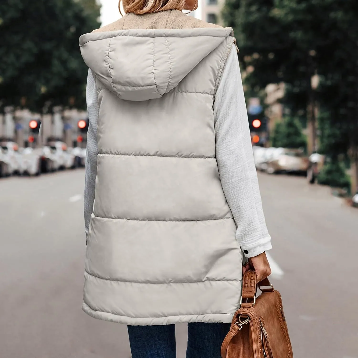 Womens Fall Reversible Puffer Vests Sleeveless Fleece Jacket Zip Up Hoodie Pockets Long Warm 2024 Winter Coat Outerwear