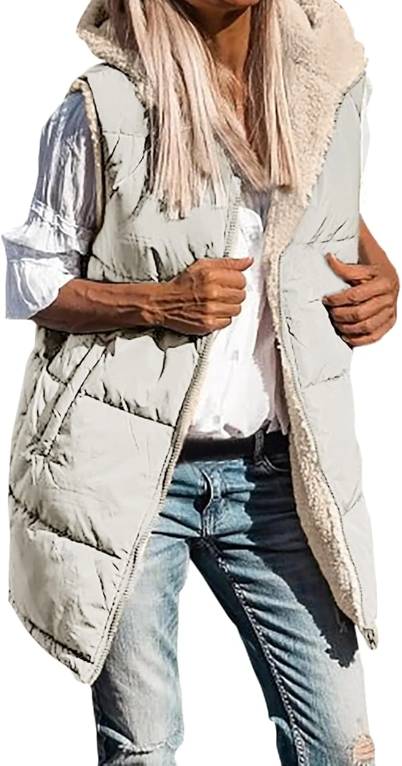 Womens Fall Reversible Puffer Vests Sleeveless Fleece Jacket Zip Up Hoodie Pockets Long Warm 2024 Winter Coat Outerwear