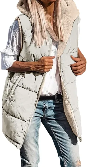 Womens Fall Reversible Puffer Vests Sleeveless Fleece Jacket Zip Up Hoodie Pockets Long Warm 2024 Winter Coat Outerwear