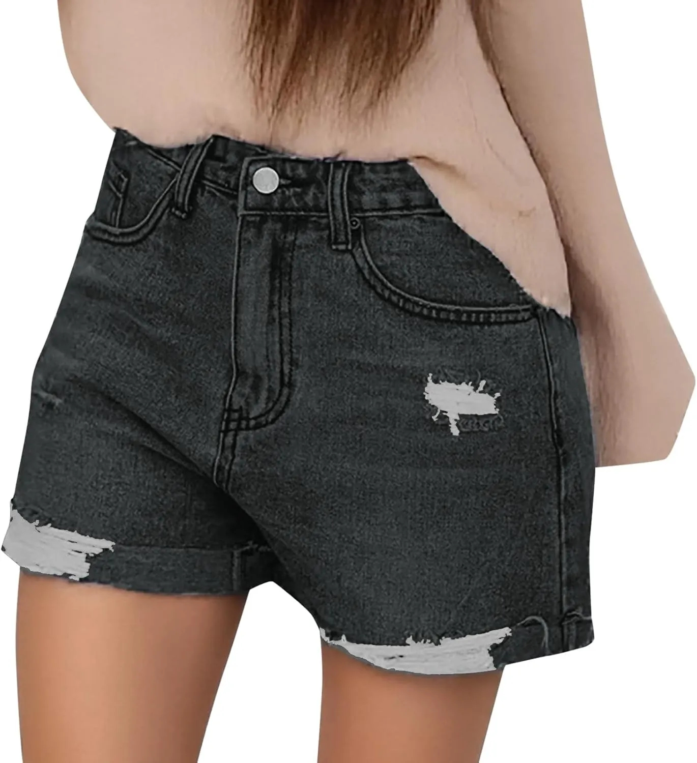 Women's Fashion Demin Shorts High Waisted Stretchy Jeans Ripped Distressed Frayed Raw/Folded Hem Casual Summer Short