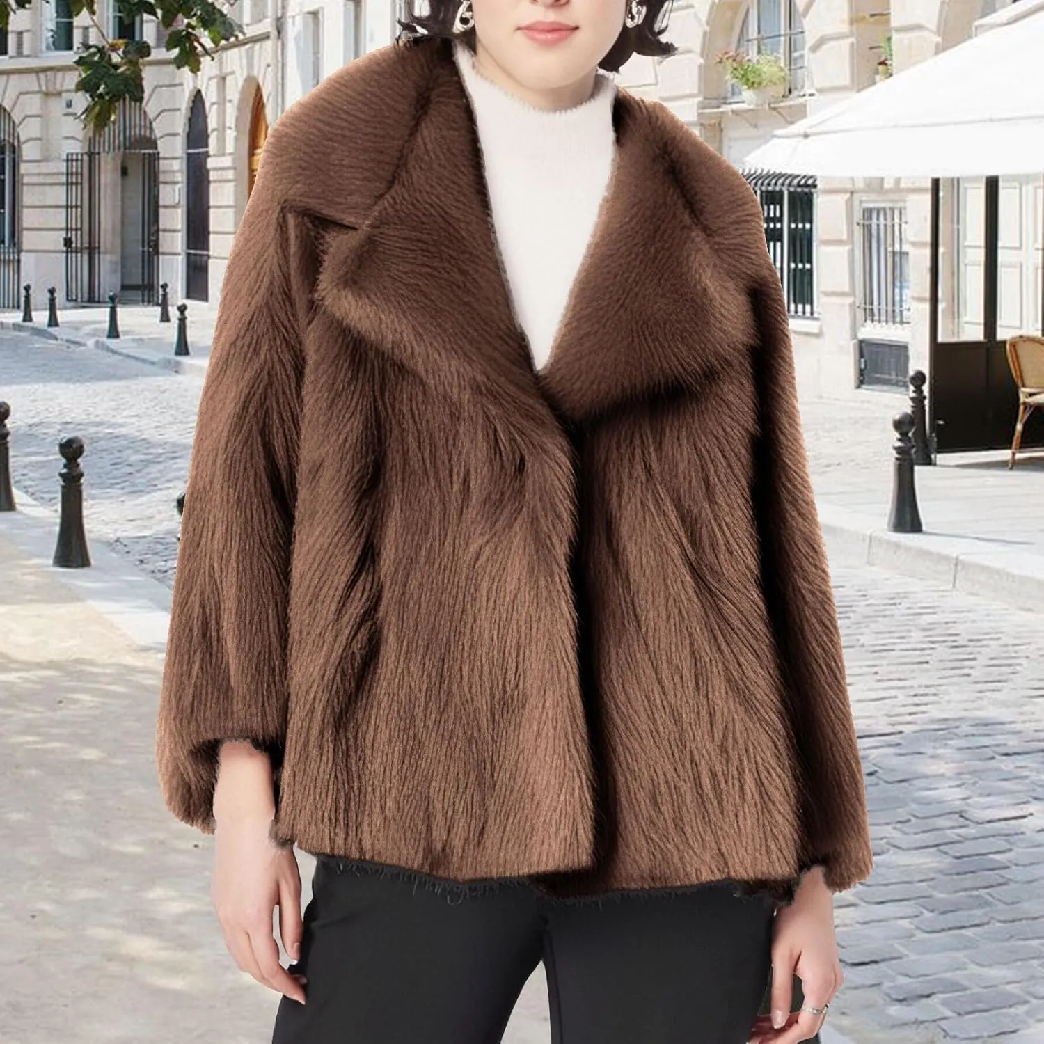 Womens Faux Coat Winter Shaggy Casual Oversized Lapel Jackets Warm Fuzzy Outerwear Long Lined Trench Coat