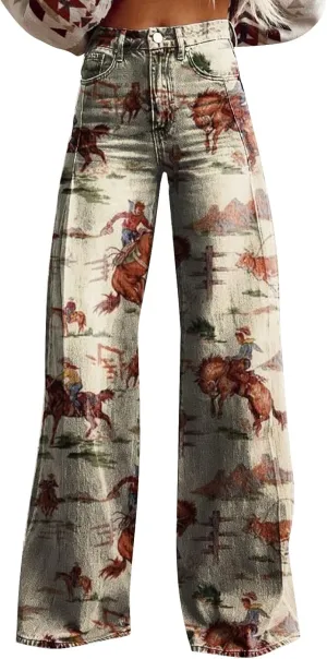 Womens Flare Jeans Wide Leg Pant Vintage Floral Printed High Waisted Straight Stretch Pants Colorful Trouser Jeans