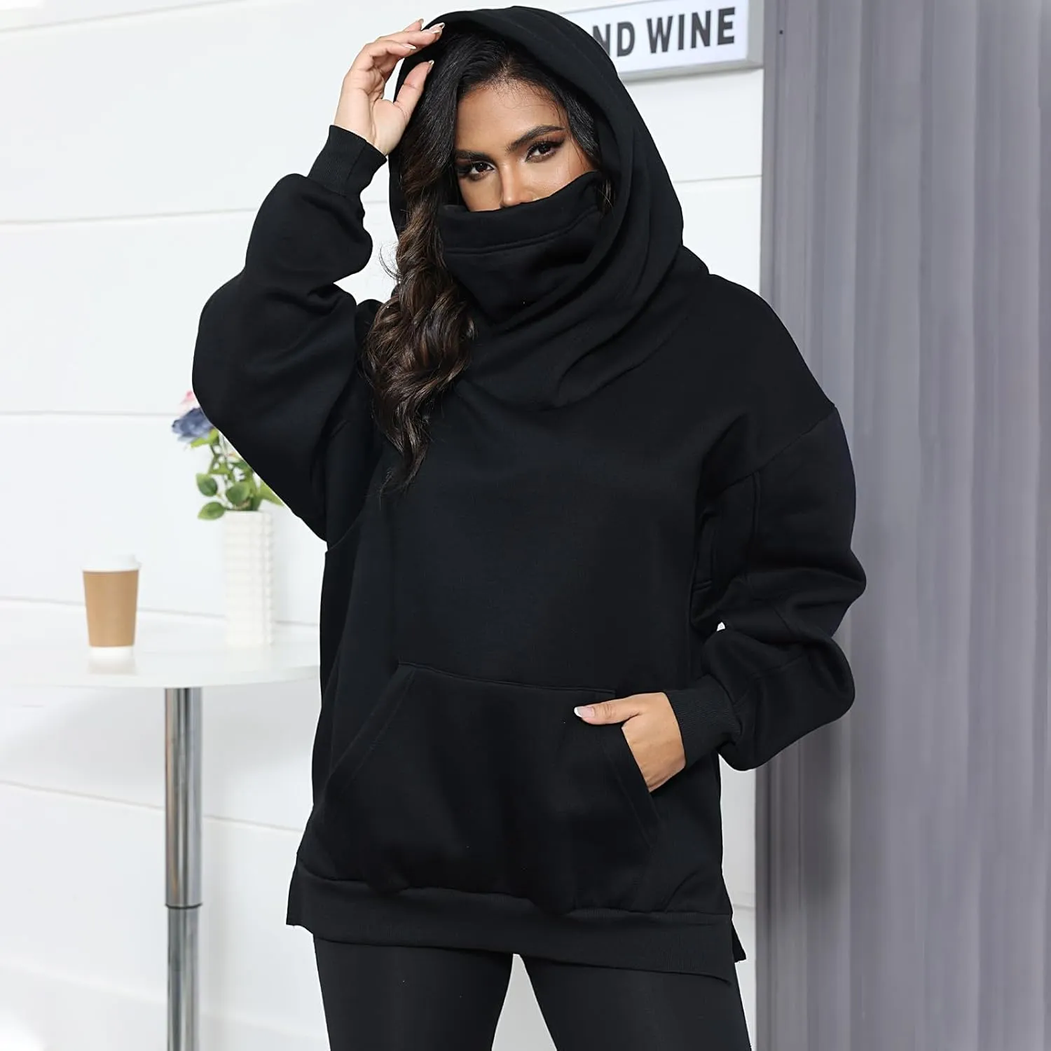 Womens Fleece Hoodie with Scarf Cotton Oversized Pullover Casual Hooded Sweatshirts Sweater Fall Winter Clothes