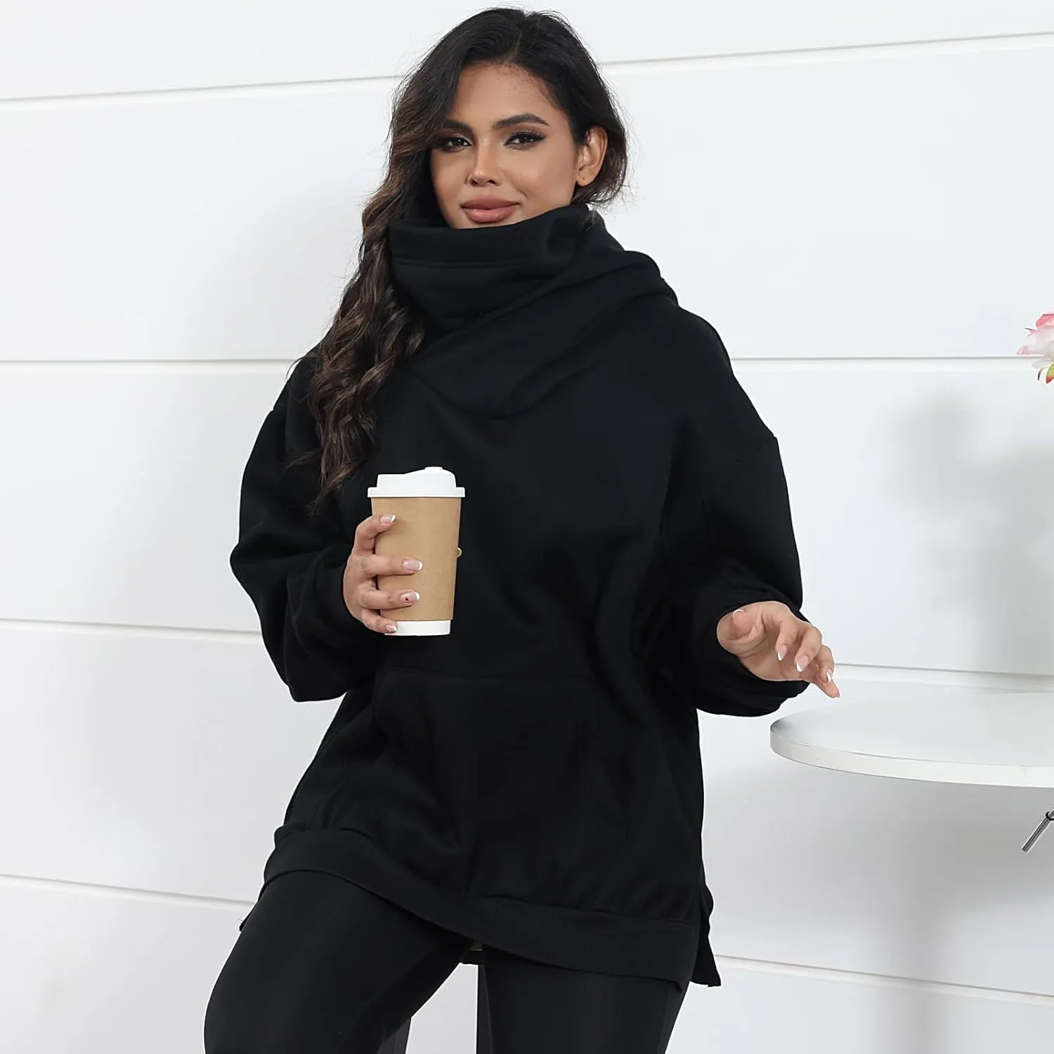Womens Fleece Hoodie with Scarf Cotton Oversized Pullover Casual Hooded Sweatshirts Sweater Fall Winter Clothes