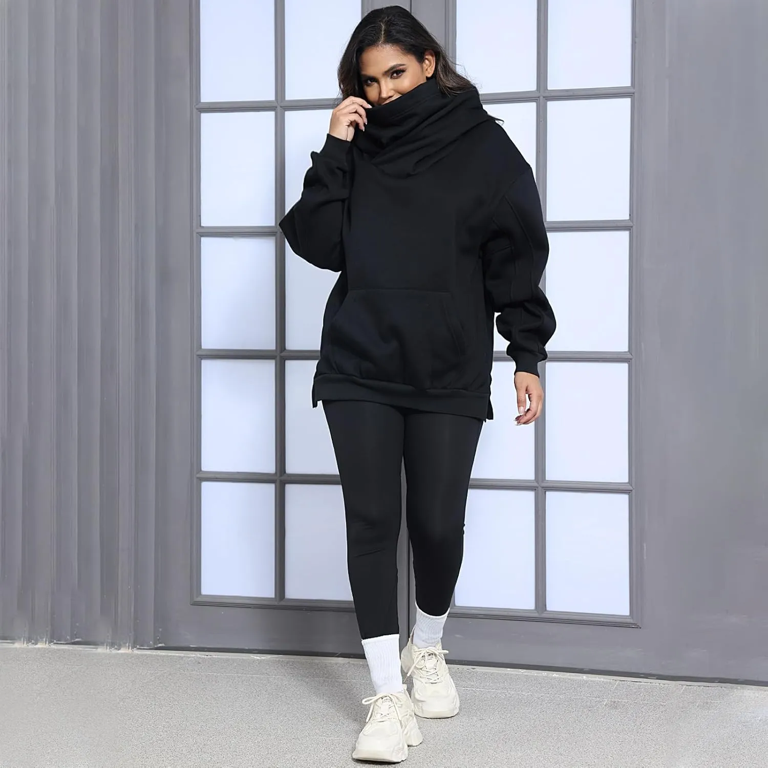 Womens Fleece Hoodie with Scarf Cotton Oversized Pullover Casual Hooded Sweatshirts Sweater Fall Winter Clothes