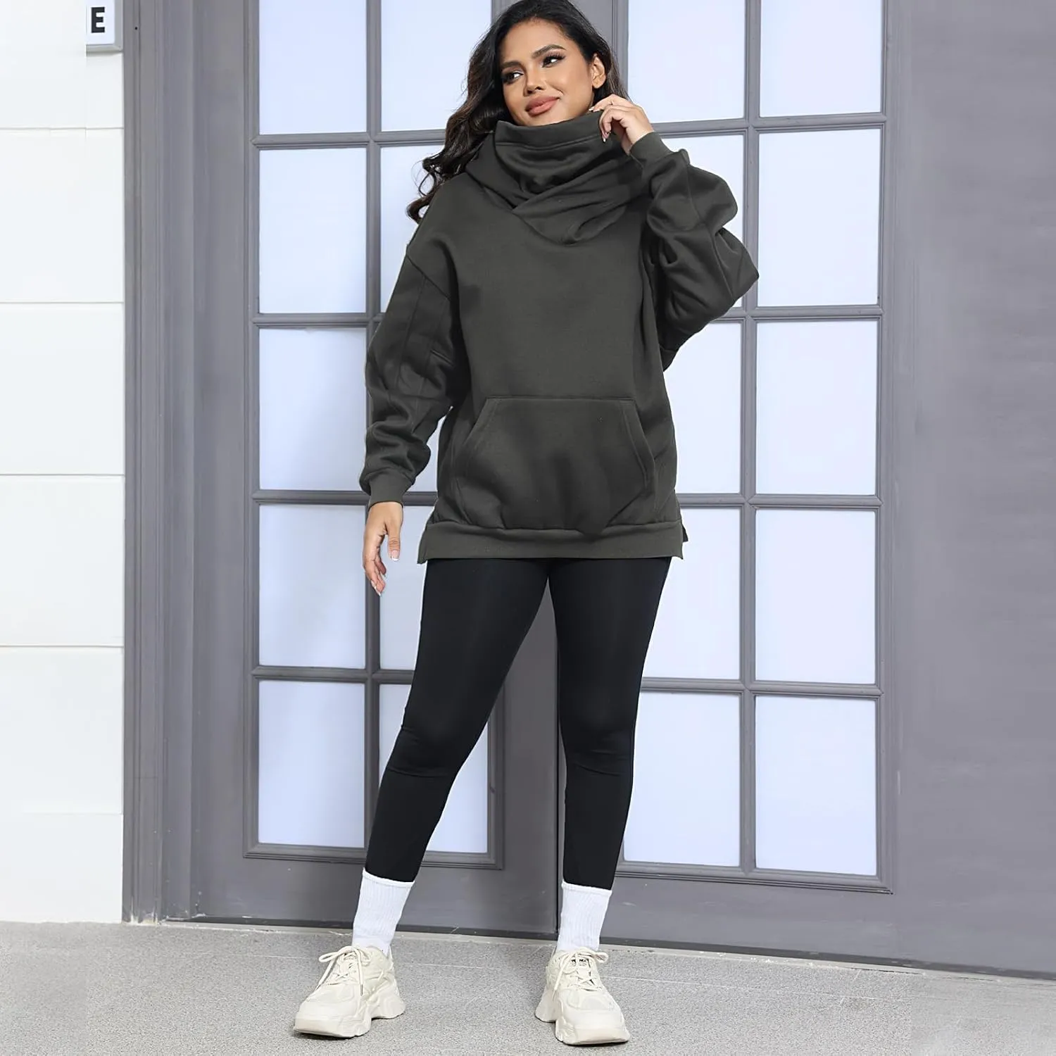 Womens Fleece Hoodie with Scarf Cotton Oversized Pullover Casual Hooded Sweatshirts Sweater Fall Winter Clothes