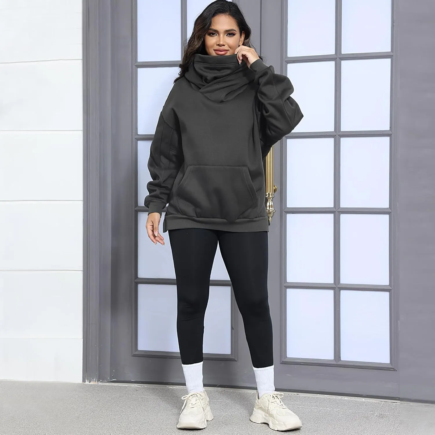 Womens Fleece Hoodie with Scarf Cotton Oversized Pullover Casual Hooded Sweatshirts Sweater Fall Winter Clothes