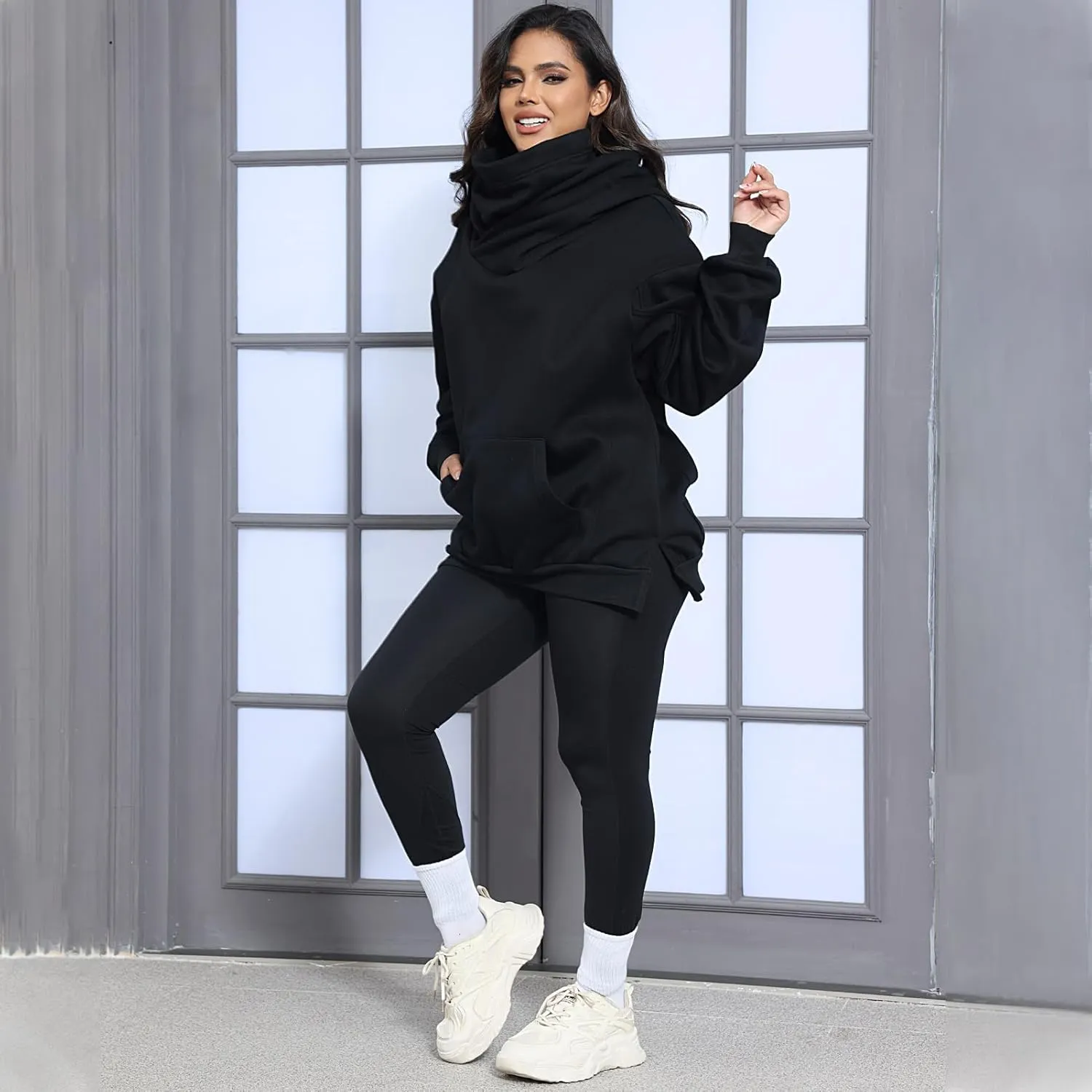 Womens Fleece Hoodie with Scarf Cotton Oversized Pullover Casual Hooded Sweatshirts Sweater Fall Winter Clothes