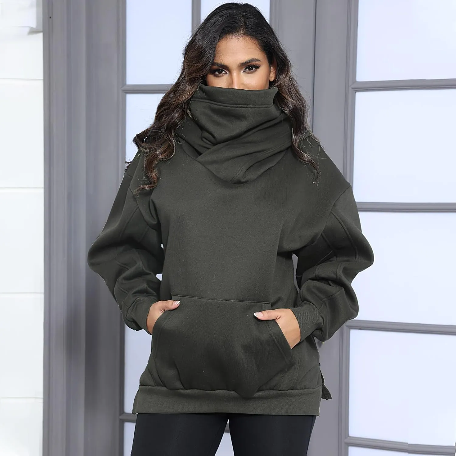 Womens Fleece Hoodie with Scarf Cotton Oversized Pullover Casual Hooded Sweatshirts Sweater Fall Winter Clothes