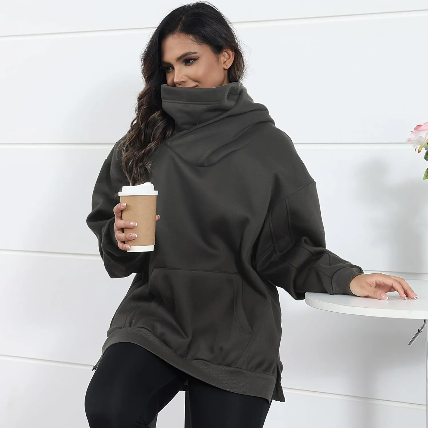Womens Fleece Hoodie with Scarf Cotton Oversized Pullover Casual Hooded Sweatshirts Sweater Fall Winter Clothes
