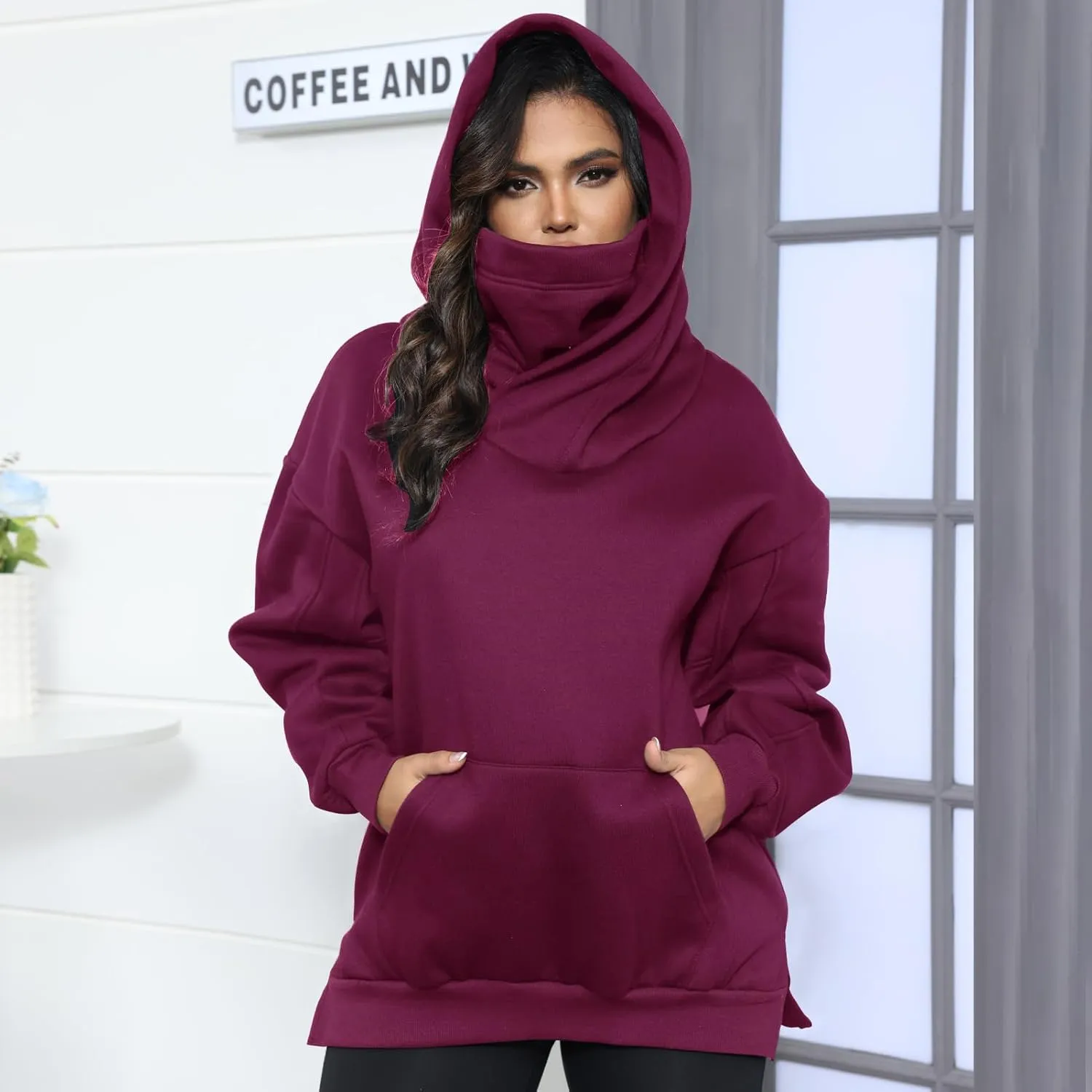 Womens Fleece Hoodie with Scarf Cotton Oversized Pullover Casual Hooded Sweatshirts Sweater Fall Winter Clothes
