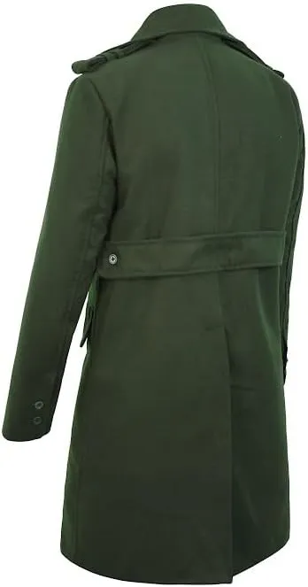 Women's Green Wool Blend Long Coat Button-Up Winter Overcoat with Lapel Collar Formal & Casual Trench Coat