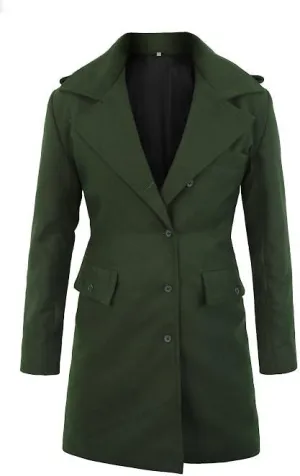 Women's Green Wool Blend Long Coat Button-Up Winter Overcoat with Lapel Collar Formal & Casual Trench Coat