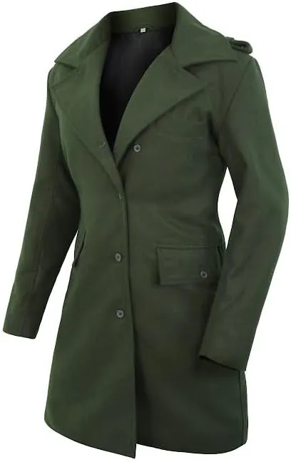 Women's Green Wool Blend Long Coat Button-Up Winter Overcoat with Lapel Collar Formal & Casual Trench Coat