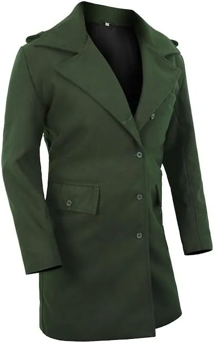 Women's Green Wool Blend Long Coat Button-Up Winter Overcoat with Lapel Collar Formal & Casual Trench Coat