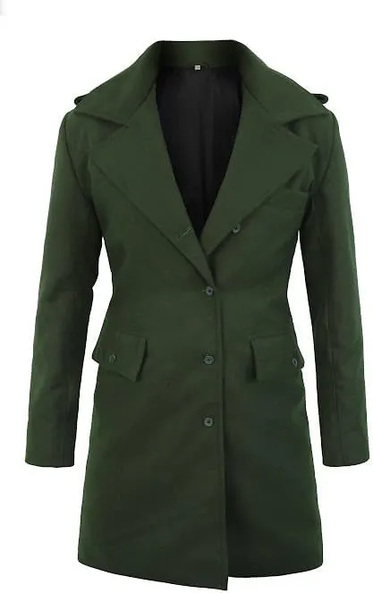 Women's Green Wool Blend Long Coat Button-Up Winter Overcoat with Lapel Collar Formal & Casual Trench Coat