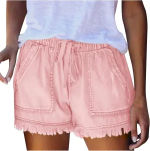 Women's High Waisted Denim Shorts Ripped Hem Frayed Distressed Short Jeans Junior Drawstring Stretchy Short Jeans