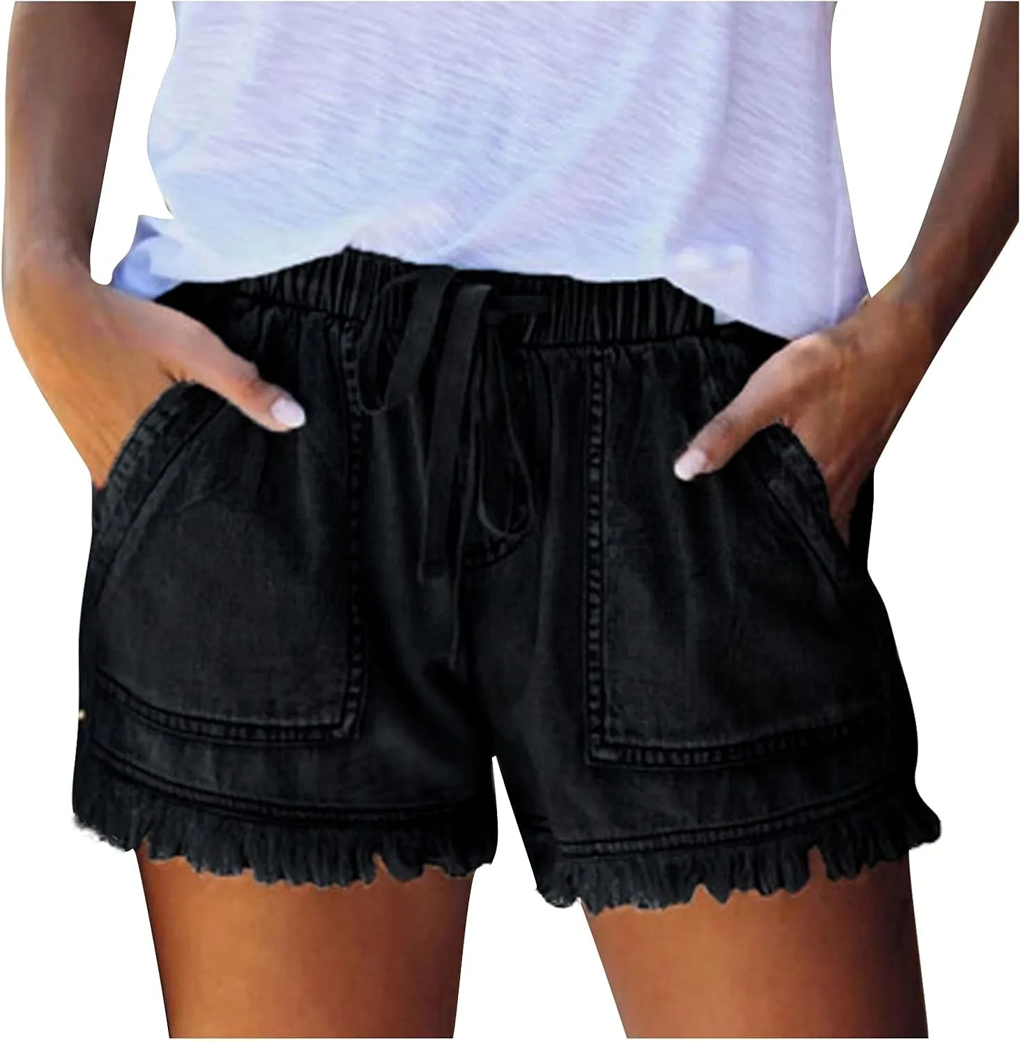 Women's High Waisted Denim Shorts Ripped Hem Frayed Distressed Short Jeans Junior Drawstring Stretchy Short Jeans