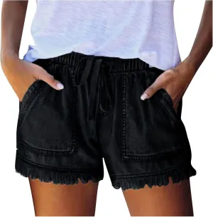 Women's High Waisted Denim Shorts Ripped Hem Frayed Distressed Short Jeans Junior Drawstring Stretchy Short Jeans