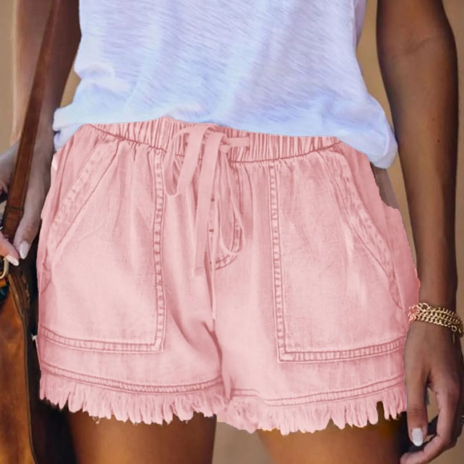 Women's High Waisted Denim Shorts Ripped Hem Frayed Distressed Short Jeans Junior Drawstring Stretchy Short Jeans
