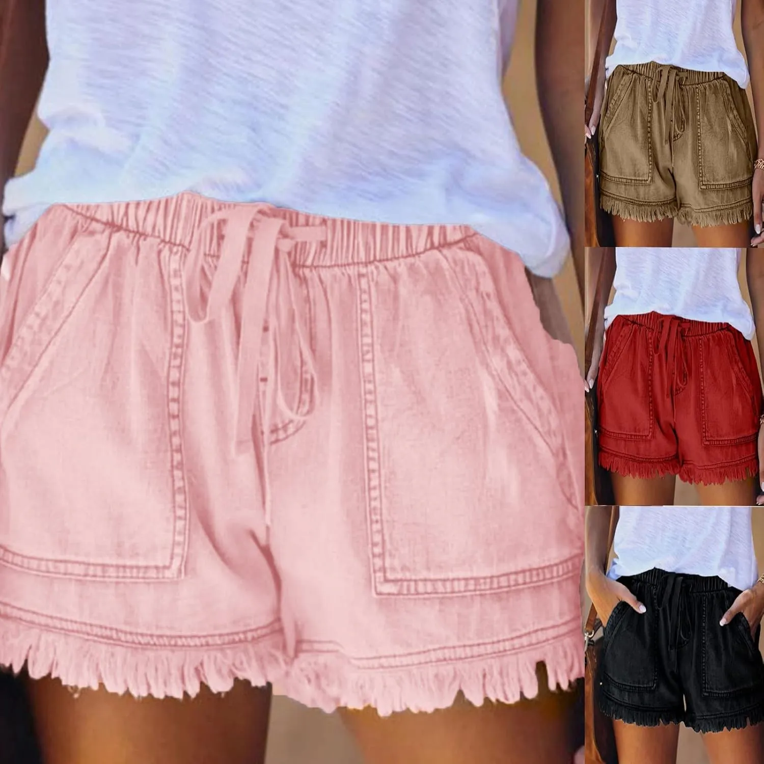 Women's High Waisted Denim Shorts Ripped Hem Frayed Distressed Short Jeans Junior Drawstring Stretchy Short Jeans