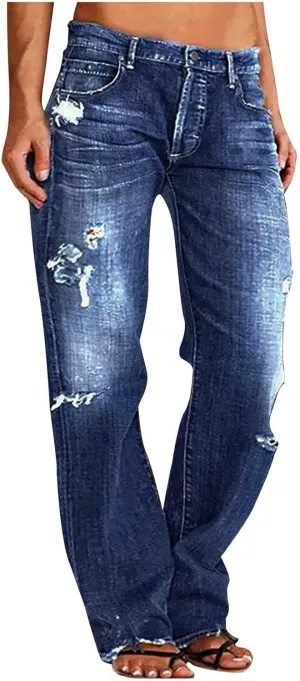 Women's High Waisted Jeans Boyfriend Straight Leg Casual Denim Pants Jeans Stretchy Leg Baggy Trendy Trousers