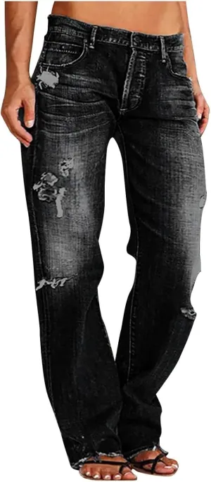 Women's High Waisted Jeans Boyfriend Straight Leg Casual Denim Pants Jeans Stretchy Leg Baggy Trendy Trousers