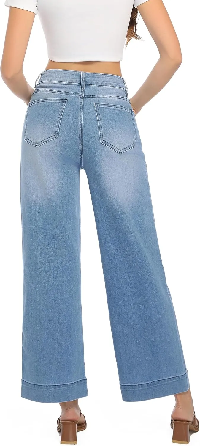 Womens High Waisted Stretchy Jeans - Wide Leg, Baggy, Loose, Trendy Jeans for Women