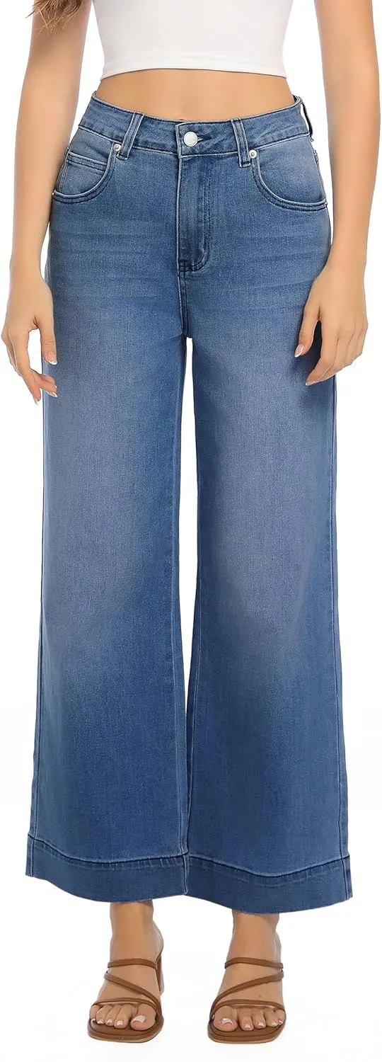 Womens High Waisted Stretchy Jeans - Wide Leg, Baggy, Loose, Trendy Jeans for Women