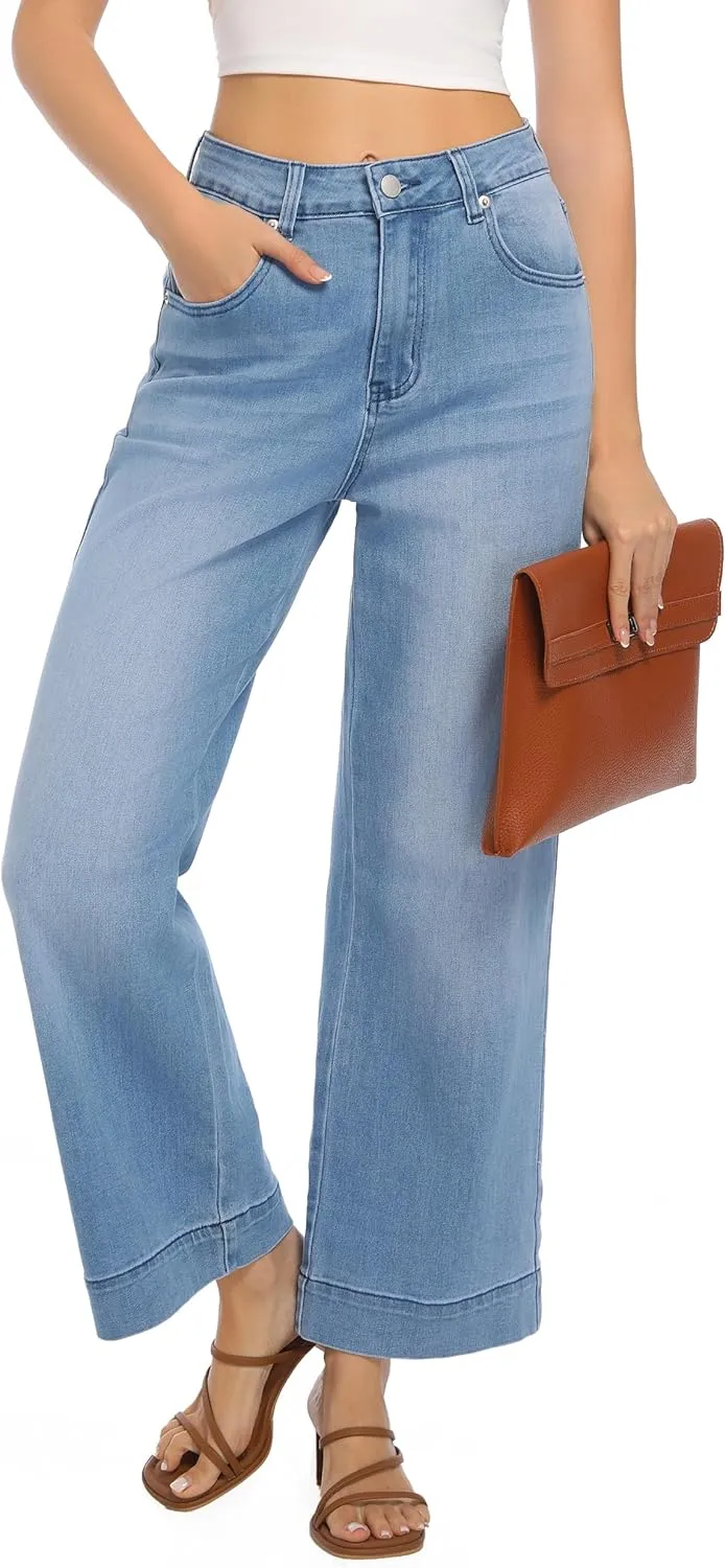 Womens High Waisted Stretchy Jeans - Wide Leg, Baggy, Loose, Trendy Jeans for Women