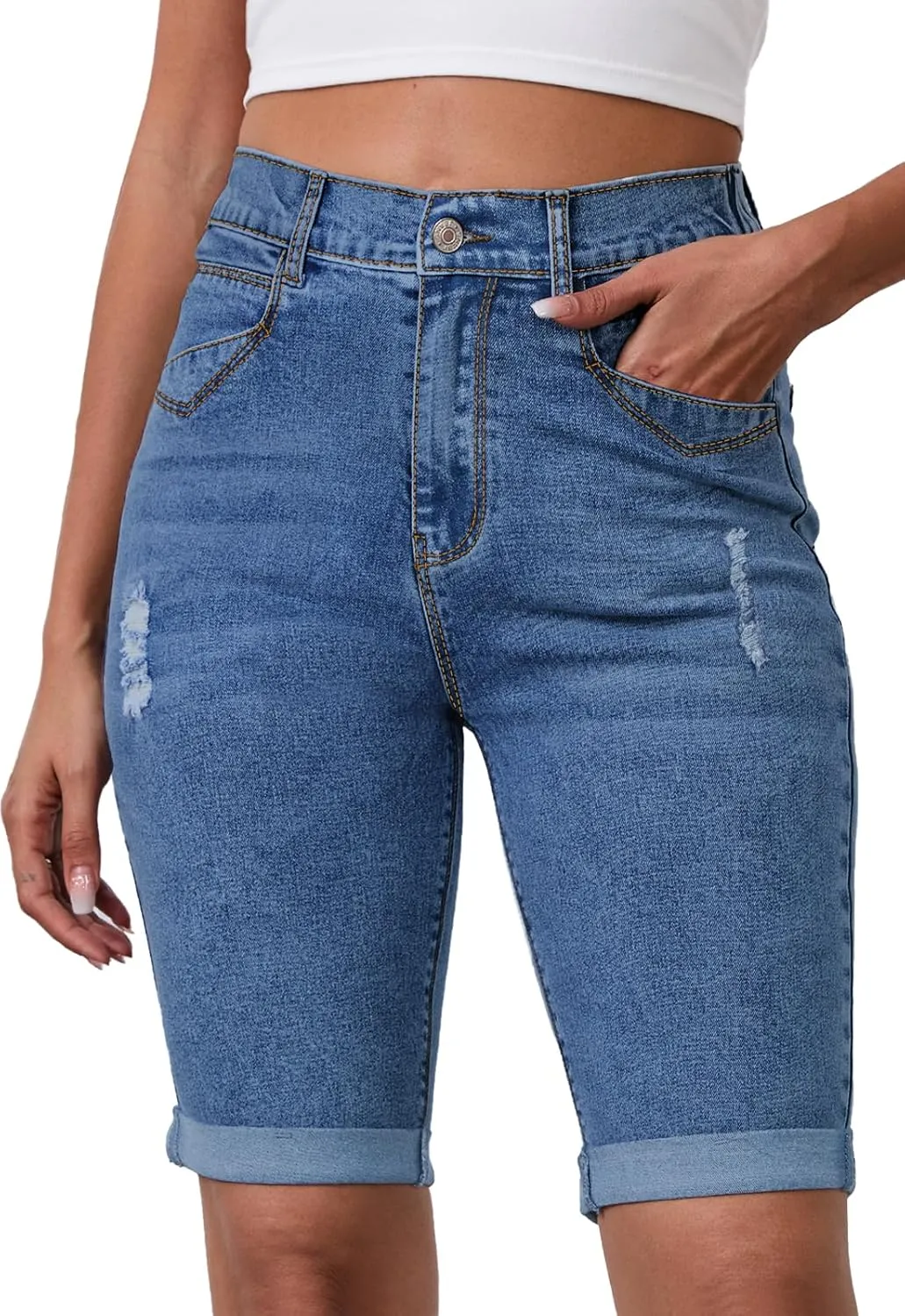 Womens Jean Shorts High Waisted Stretchy Elastic Waist Denim Bermuda Shorts Summer 10 Inseam Jorts