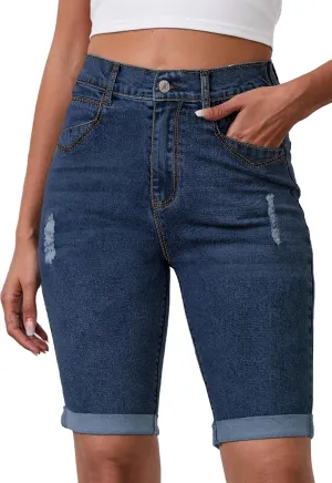 Womens Jean Shorts High Waisted Stretchy Elastic Waist Denim Bermuda Shorts Summer 10 Inseam Jorts