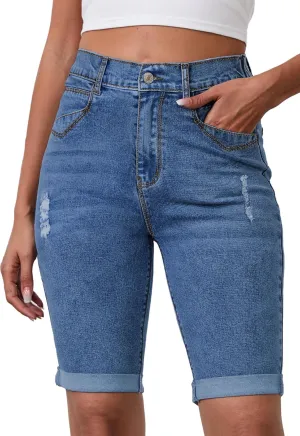 Womens Jean Shorts High Waisted Stretchy Elastic Waist Denim Bermuda Shorts Summer 10 Inseam Jorts