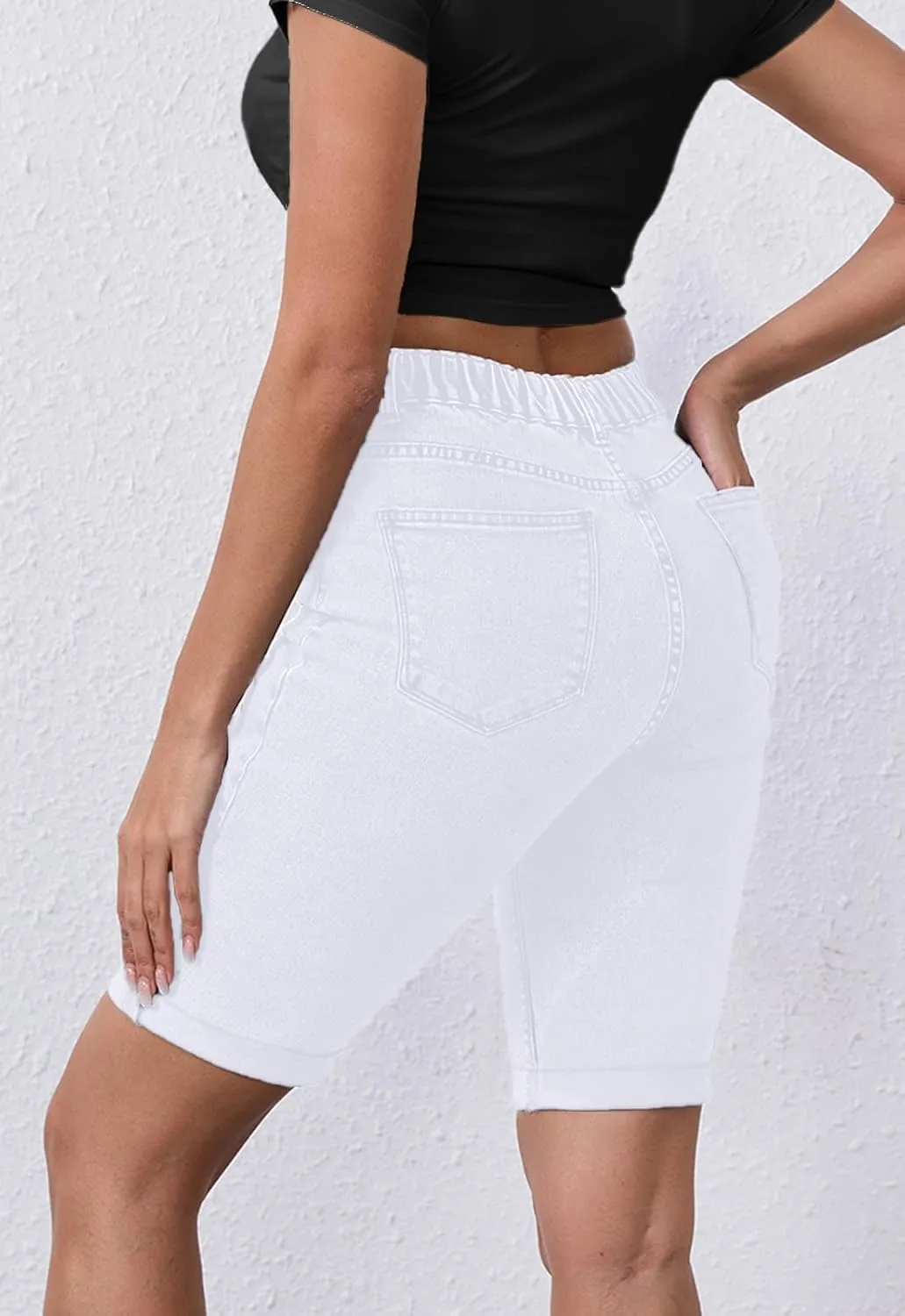 Womens Jean Shorts High Waisted Stretchy Elastic Waist Denim Bermuda Shorts Summer 10 Inseam Jorts