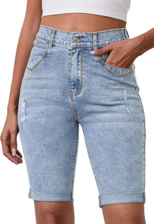 Womens Jean Shorts High Waisted Stretchy Elastic Waist Denim Bermuda Shorts Summer 10 Inseam Jorts