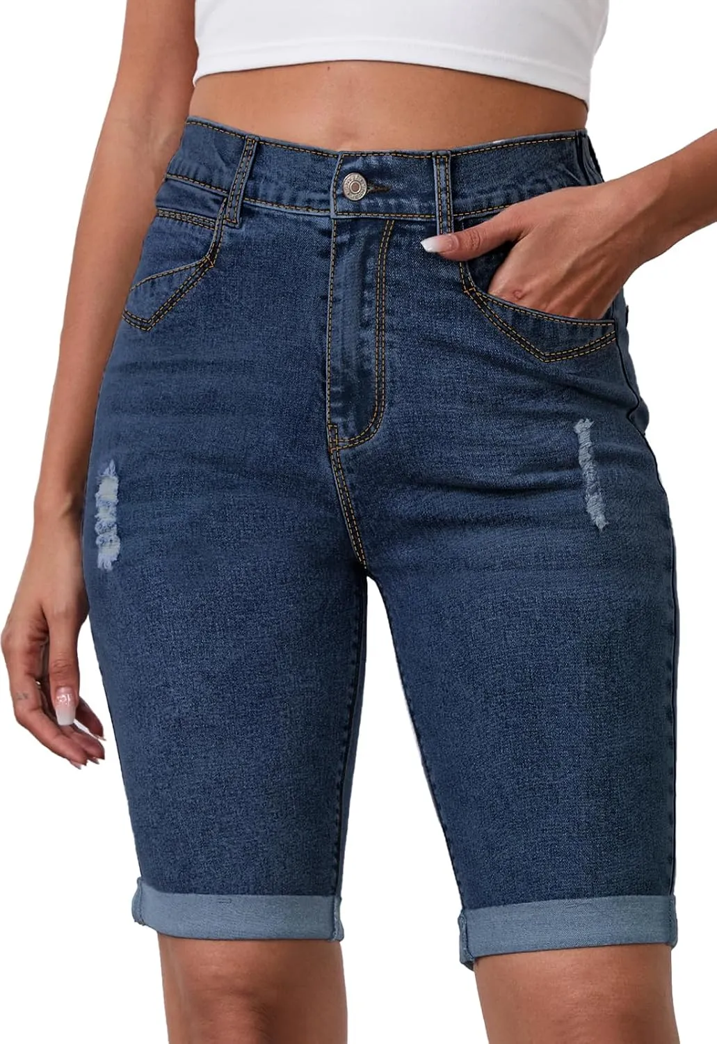 Womens Jean Shorts High Waisted Stretchy Elastic Waist Denim Bermuda Shorts Summer 10 Inseam Jorts