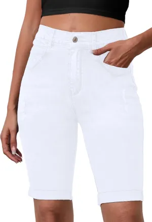 Womens Jean Shorts High Waisted Stretchy Elastic Waist Denim Bermuda Shorts Summer 10 Inseam Jorts