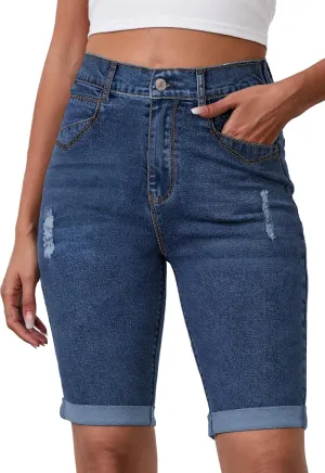Womens Jean Shorts High Waisted Stretchy Elastic Waist Denim Bermuda Shorts Summer 10 Inseam Jorts