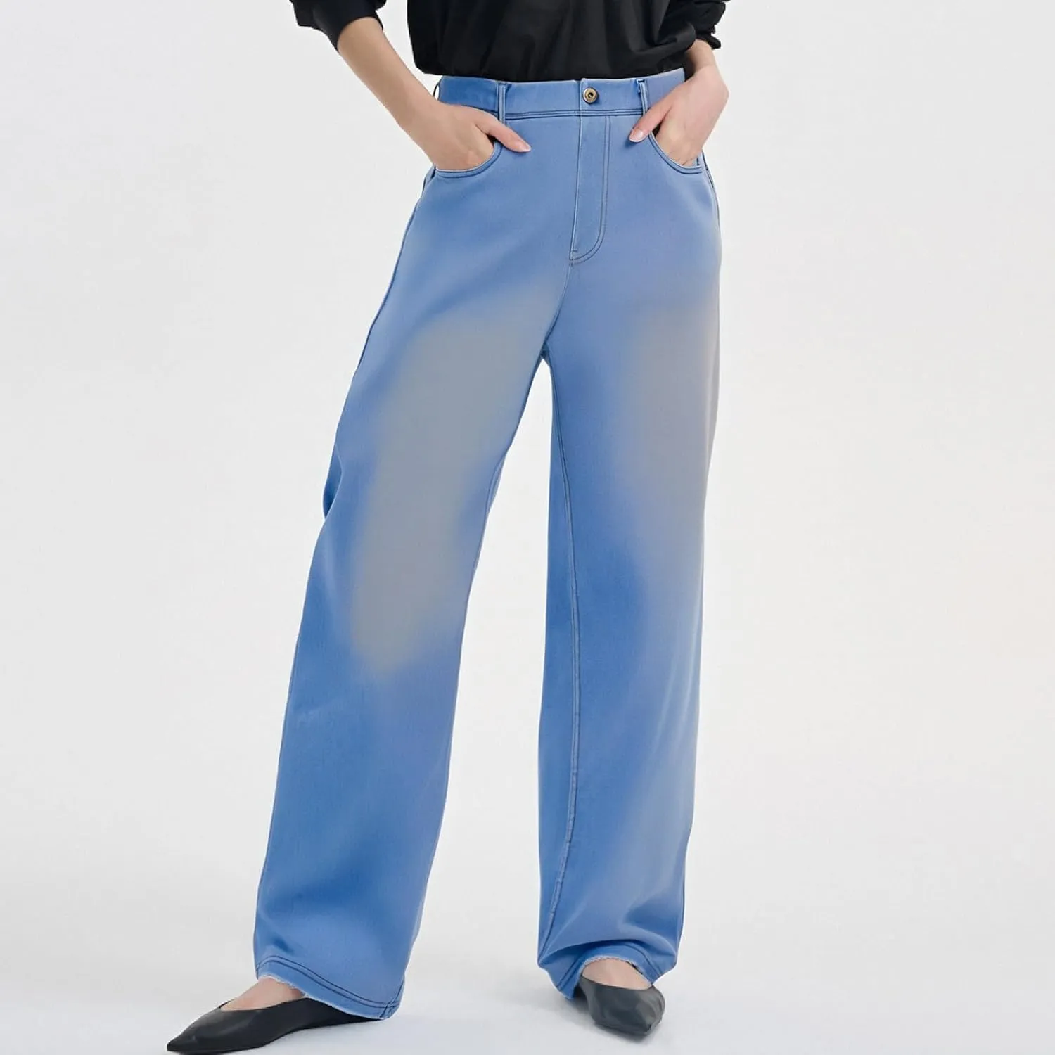Women's Jeans Dressy Straight Loose Wide Leg Jeans Petite Summer Elastic Waist Soft Denim Pants with Pockets
