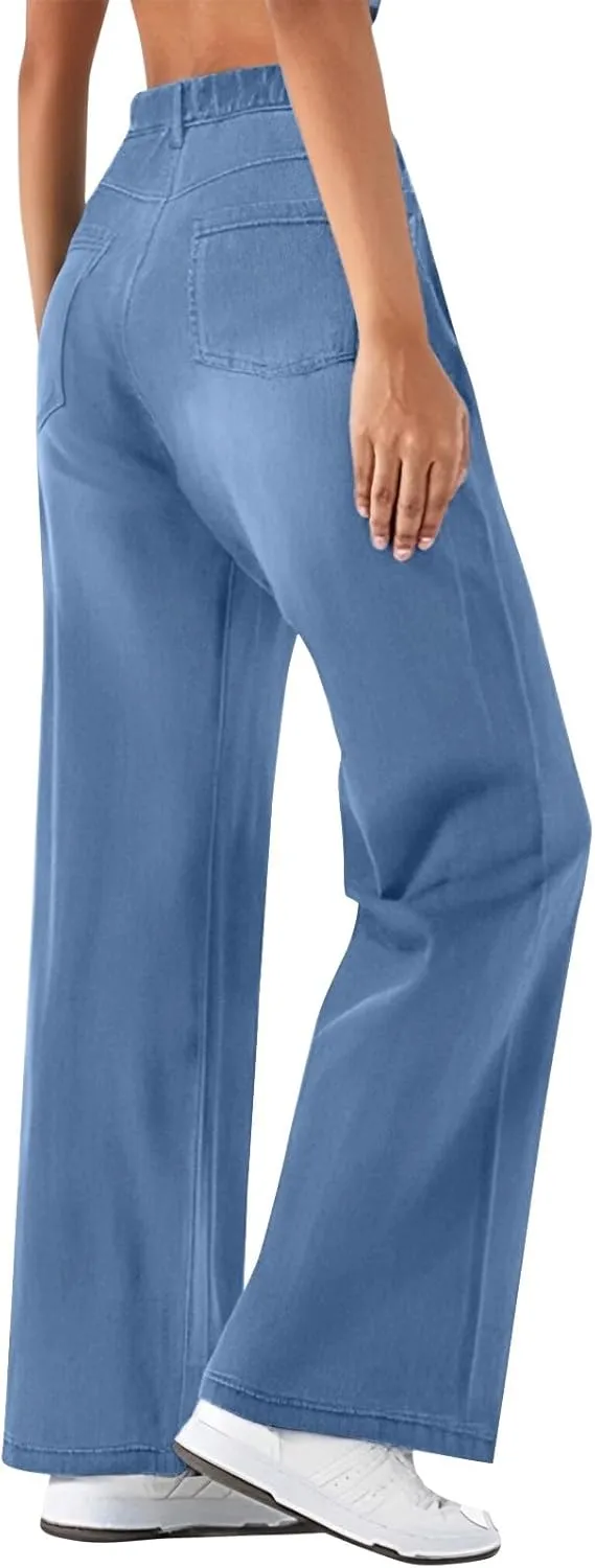 Women's Jeans Dressy Straight Loose Wide Leg Jeans Petite Summer Elastic Waist Soft Denim Pants with Pockets