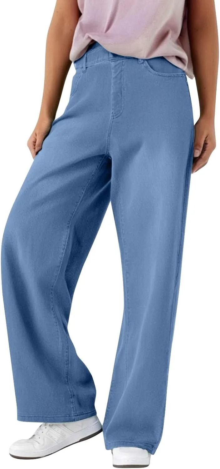 Women's Jeans Dressy Straight Loose Wide Leg Jeans Petite Summer Elastic Waist Soft Denim Pants with Pockets